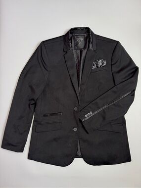 GUESS Black Men's Blazer with Satin Trim and Pocket Square